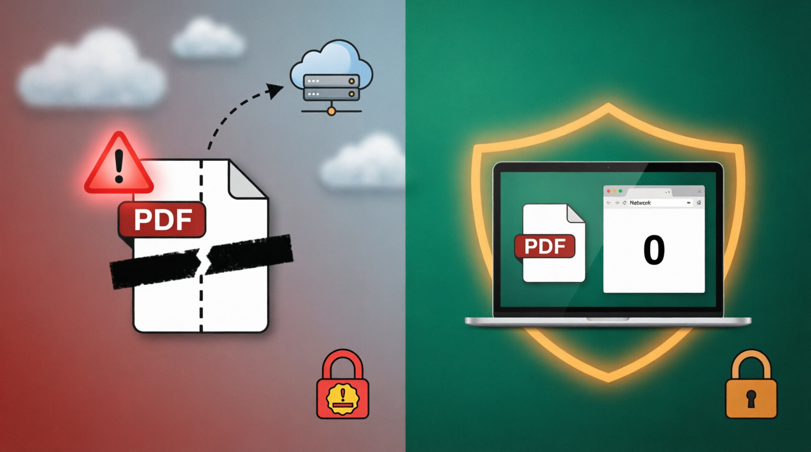 Illustration : un fichier PDF quitte un ordinateur et traverse internet vers un serveur inconnu, symbolisant le risque RGPD des outils PDF en ligne qui téléversent les documents.